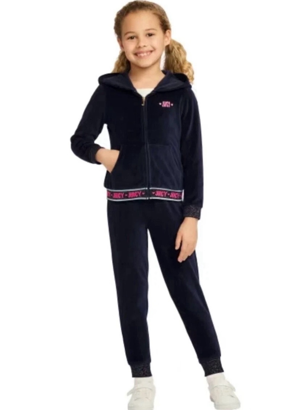 Juicy Couture Girls' Navy Velour Hoodie & Jogger Set with Pink Trim size 3T